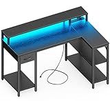 SUPERJARE 47 inch L Shaped Gaming Desk with LED Lights & Power Outlets, Reversible Computer Desk with Shelves & Monitor Stand, Corner Desk with Drawer, for Home & Office, Black, 7998BC