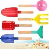 UMUACCAN Beach Toys for Kids,Beach Sand Toys, 8'' Metal Sandbox Toys with Sturdy Wooden Handle,Safe Beach Gardening Set,Spoon, Fork, Trowel, Rake & Shovel for Kids，Snow Shovel（6 pcs）