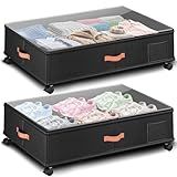 Tsinglax Under Bed Storage with Wheels 2-Pack – 66L XXL Larger Stackable Under Bed Storage Containers with Clear Window & Labels, Rolling Under Bed Drawers for Clothes, Shoes, Blankets (Dark Grey)