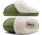 KuaiLu Womens Slippers Fluff Dual Memory Foam Slides Ladies Cozy Arch Support Warm Scuff Christmas Slip on Comfy Winter House Shoes with Non-Slip Indoor Outdoor Hard Sole Green 9