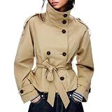 Maohao Women's Cropped Trench Coat Double Breasted Short Jacket High Collar Fall Winter Coats Trendy Outfit with Belt(Khaki,XL)
