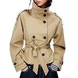 Maohao Women's Cropped Trench Coat Double Breasted Short Jacket High Collar Fall Winter Coats Trendy Outfit with Belt(Khaki,XL)