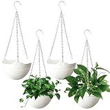 Srmayyi 4 Pack 8 inch Plastic Self Watering Hanging Planters,Round Hanging Basket Planter with Drainer and Metal Chain,White Garden Flower Plant Pot Container for Indoor Outdoor Plants