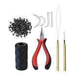 YANTAISIYU Hair Extensions Tool Kit: 200 Pcs Silicone Lined Micro Links Beads, 1 Three Hole Hair Pliers, 1 Roll Sewing Thread, 1 Loop Needle Threader, 1 Pulling Hook Needle, 8 Sewing Needles (Black)