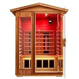 KUNSANA Outdoor Sauna 2 Person, Ceramic Infrared Saunas for Home, Ultra Low EMF Infrared Sauna, Mahogany Wood Home Sauna Room with Bluetooth Speakers, LED Reading Lamps, Chromotherapy Lights