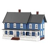 N Scale Pre-Built Model Village Dwelling Two-Story House with Porch Assembled Christmas Building Painted for Model Railway Layout Diorama JZN5889 (Bule)