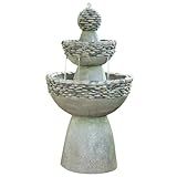 Teamson Home 36.5 in. Outdoor 3-Tier Zen-Style Pedestal Water Fountain in. with Stone Trim with Pump and 2.64 Gallon Capacity, Stone Gray