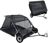 ​44-Inch Tow Behind Lawn Sweeper - Pull Behind Lawn Sweeper Heavy Duty Leaf Sweepers Adjustable Height & 25Cu Ft Hopper Tractor Attachment with Dump Rope & Rubber Wheels​​ Black 44