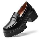 QJN Platform Loafers for Women Black Penny Loafer Chunky Heel Leather Shoes