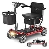 43lb Lightweight Mobility Scooter for Adults&Seniors - Airline Approved 4 Wheel Portable Motorized Scooters, Foldable Travel Mobility Scooters with Removable Battery, Dual Basket, 300lb Capacity, Red