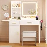 ERLEJIA Vanity Desk with Mirror and Lights & Extral Foldable Desk, 31.5" & 39.3" Makeup Vanity Table with 4 Drawers and 3 Open Shelves, Dressing Table for Bedroom, White