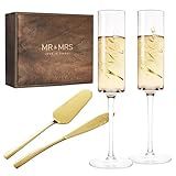 AW BRIDAL Engagement Bridal Shower Wedding Gifts for Couple Newlyweds, Anniversary Mr Mrs Champagne Flutes Toasting Glasses Set of 2, Wedding Gold Cake Cutting Set with Wooden Box for Bride Groom