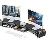 gianotter Dual Monitor Stand Riser, Desk Organizer With Drawer and 2 Pen Holders, Computer Monitor Stand, Desk Shelf for Top of Desk (Black)