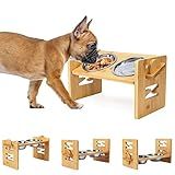 Elevated Dog Bowls, Adjustable Raised Tilted French Bulldog Food Water Bowl, Slanted Bamboo Pet Feeding Station with Stainless Steel Bowl for Small & Medium Dogs, Cat Kitten Flat Faced Puppy Feeder