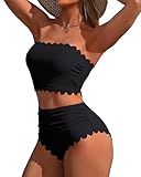 Charmo Strapless High Waisted Bikini Sets Women Tummy Control Scallop Bandeau Swimsuit Two Piece Bathing Suit Black M