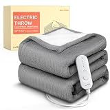 HOMLYNS LuxeHeat Heated Blanket Throw, Soft Flannel Sherpa, Electric Blanket 5 Heat Settings, Fast Heating, Heating Throw Blanket 3 Hours Timer Auto Shut Off, Machine Washable, 50×60 Inches, Grey
