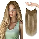 Sunny Wire Hair Extensions Real Human Hair Fish Line Human Hair Extensions Invisible Wire Extensions Light Brown to Platinum Blonde with Brown Highlights #6/60/6 14 Inch