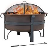 Sunnydaze Cauldron Wood-Burning Outdoor Fire Pit for Patio and Backyard - Round Steel Outside Firepit Bowl with Cover, Removable Ash Pan, Spark Screen, and Poker Tool - Dark Bronze Finish - 29-Inch