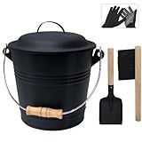 Poofzy Ash Bucket with Lid, Small Fireplace Ash Bucket with Lid and Shovel, 1.3 Gallon Metal Bucket for Fireplace with Hand Broom and Gloves, Fireplace Bucket for Ashes for Wood Stove and Fire Pit