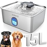 SIBAYS 4Gal/15L Large Dog Water Fountain, Stainless Steel Pet Fountain with Water Window & LED Light, Ultra Quiet Automatic Dog Water Bowl Dispenser for Large Dogs & Multi-pet, Easy to Clean FS76