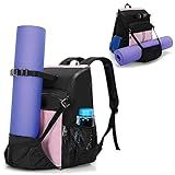 GOBUROS Yoga Mat Bag with Mat Holder for Women and Men Yoga Mat Carrier Backpack with Charging Port and Padded Shoulder Straps for Yoga, Gym, Pilates, Black and Pink