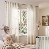 Cottage Core Cream Scalloped Linen Curtains, Vintage French Country Ruffle Farmhouse Curtains, Neutral Whimsical Shabby Chic Light Filtering Sheer Coquette Curtain for Living Room Bedroom 84 Inch Long