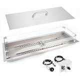GRISUN Upgraded 36" x 12" Drop-in Fire Pit Burner Kit, Gas Fire Pit Kit with Glass Wind Guard & Lid, Linear Fire Pit Pan Insert with Spark Ignition for Fire Pit Tables