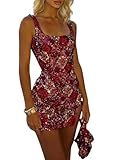 QLQLWDD Women Sparkly Sequin Mini Dress Sexy Sleeveless Rhinestone Short Dress Elegant Cocktail Party Clubwear (A01 Red, S)