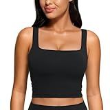 CRZ YOGA Butterluxe Womens Square Neck Longline Sports Bra - Workout Crop Tank Tops Padded Yoga Camisole with Built in Pads Black Medium