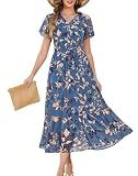 Annebouti Maxi Spring Summer Dresses for Women 2026 Short Sleeve Semi Formal Vintage Trendy Flowy Elegant Classy Wedding Guest Boho Church Chiffon Long Dress Blue Floral S