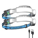 Smiling Shark TS-4 Headlamp, Dual Spotlight with 4X Floodlight & Strobe LED Head Torch Rechargeable 2400mAh Long-Lasting & Motion Sensor Hands-Free Design for Camping Hiking Running Jogging (2 Pack)