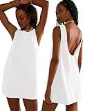 VIUTIL Womens Summer Linen Mini Dress Boat Neck Low Back Sleeveless Tank Dresses with Pockets 2026 Vacation Outfits, Snow White, Small