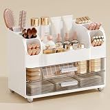 UFORU Makeup Organizer for Vanity with 2 Large Drawers, Cosmetic Display Case with Brush Holders, Easy to Storage for Bathroom Countertop Skincare, Perfume, White