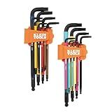 Klein Tools BLS18 Hex Key Wrench Set, Color Coded, SAE and Metric, Heat-Treated, L-Style, Long Arm and Ball End, 1/16-Inch to 3/8-Inch and 1.5 mm to 10 mm, 18-Piece