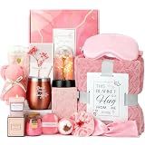 Birthday and Get Well Gifts for Women - Relaxing Spa Care Package With Luxury Flannel Blanket, Light-Up Rose Flower - Unique Self Care Gift Basket for Mom, Wife, Friends