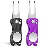 Mile High Life 2 Pack Golf Divot Repair Tool w Magnetic Golf Ball Marker | All Metal Foldable Divot Tool w Pop-up Button | Golf Accessories for Men (Black/Purple)