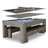 Hathaway Newport 7 Foot Dining Pool Table Combo with Game Accessories, & 2 Benches – Multifunctional Billiards Table with Ping Pong & Dining Top - Rustic Gray Finish, Blue Felt, Chrome Accents