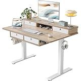 TIQLAB 48 * 28 Inch Standing Desk with Four Drawers, Electric Sit Stand Table, Stand Up Desk Adjustable Height with Storage Shelf, Splice Board, Maple
