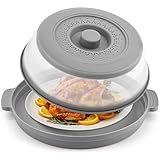 Microwave Splatter Cover for Food with Anti-scald Base Plate,Large Plastic & Silicone Vented Avoid Scalding Collapsible Guard Lid, Plate Holder & Kitchen Colander for Meal Prep-10.7 Inch (gray)