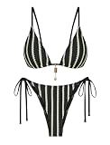 ZAFUL Black Crochet Beads Bikini Sets for Women Cheeky Two Piece Bathing Suits Striped Brazilian High Cut Knit Swimsuit Tie Side for Vacation