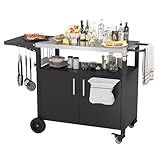Vongrasig Grill Cart with Storage, Outdoor Bar Cart Rolling BBQ Movable Pizza Oven Table Stand with Foldable Stainless Steel Top & Storage Cabinet, Black
