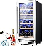 BODEGA 15 Inch Wine Cooler, Dual Zone 15” Wine Fridge With Double-Layer Glass Door, Freestanding or Built In Wine Cooler Refrigerator With Stainless Steel Handle, 30 Bottles Wine Fridge For Home.
