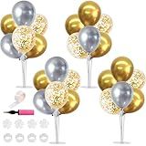 TONIFUL 4 Table Centerpiece Balloon Stand Kit Include Silver Gold Latex Confetti Balloons for 2026 Graduation,New Years 2026,Birthday,Retirement,Christmas,Anniversary Table Party Decoration