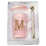 WENSSY Pink 14 Ounce Letter M with Flower Personalized Initial Mugs, Novelty Coffee Mugs for Women, Bridal Shower Gifts, Dishwasher Safe Porcelain Mug