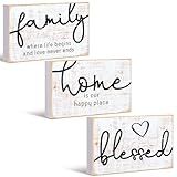 Jetec 3 Pcs Family Home Blessed Rustic Wood Sign Mini Wood Decorative Farmhouse Woodworks Table Shelves Decorations Sign for Bedroom Kitchen Living Room Table Decor(Retro Color,4.25 x 2.76 x 0.59 in)