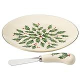Lenox Serveware, Hosting The Holidays Cheese Plate & Knife Set, Service for 1, Ivory Porcelain, Dishwasher Safe, 6.75 Inch Diameter, Christmas Decorations, Christmas Decor (White/Green/Red, 2 Pieces)