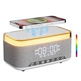 Reatsoc Bluetooth Speaker Alarm Clock with 10w Fast Wireless Charger for iPhone Samsung, 10W Stereo Bluetooth Speaker, 12-Color Night Light, White Noise Machine Digital Clock with FM Radio for Bedroom