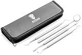 4tified Dental Tools Hygiene Kit 4 PCS French Stainless Steel Professional Teeth Cleaning Home Use Plaque Calculus Removal Tartar Scraper Scaler Fogless Mirror Dental Pick Vegan Leather case