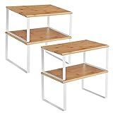 SONGMICS Cabinet Organizer Shelf, Set of 4 Kitchen Counter Shelves, Kitchen Storage, Spice Rack, Stackable, Expandable, Metal and Engineered Wood, Cloud White and Natural Beige UKCS010N01