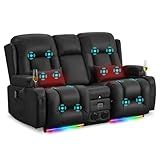 URRED Power Loveseat Recliner Sofa with Massage and Heat, Wall Hugger Reclining Loveseat with Console, RV Couch Home Theater Seating with LED Lights for Living Room (Black, 67" - 2 Seats)